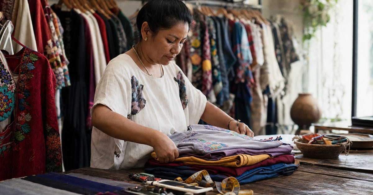 Una asistente de tienda de ropa doblando prendas en una boutique mexicana, con una cinta métrica y muestras de tela en primer plano.