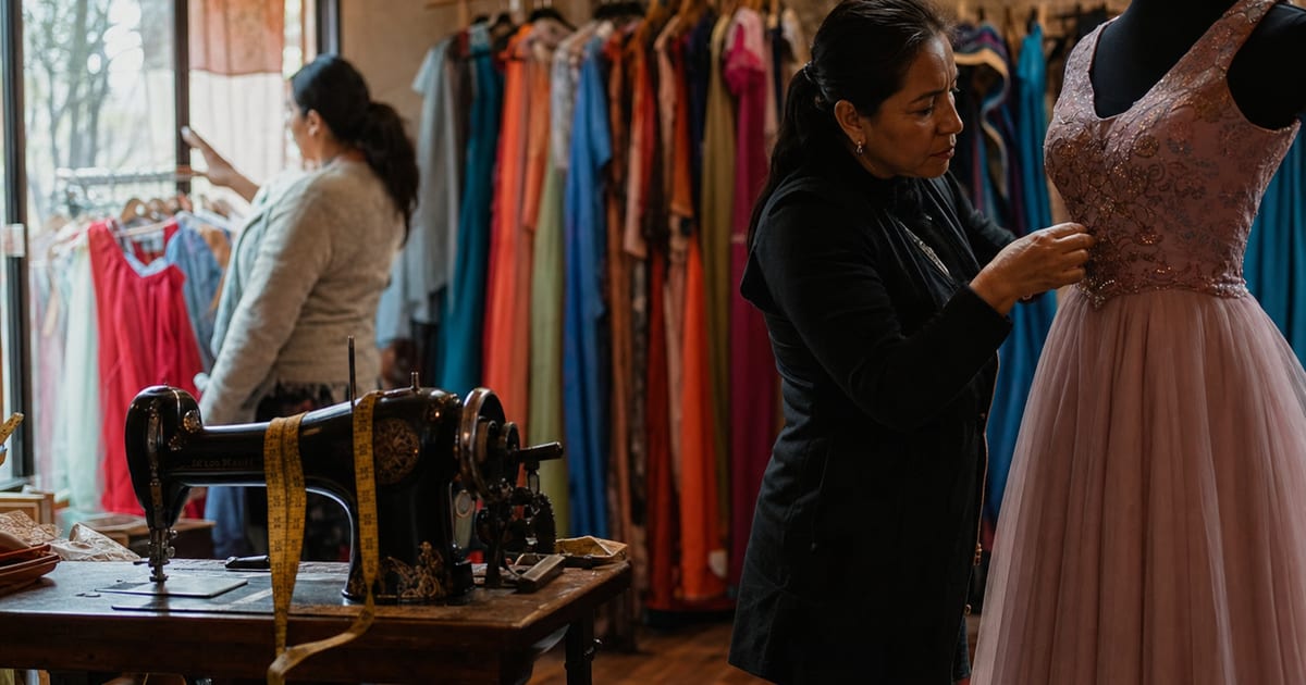 Una costurera ajusta un vestido en un maniquí en una boutique de ropa mexicana, con una máquina de coser antigua y una cinta métrica en primer plano.