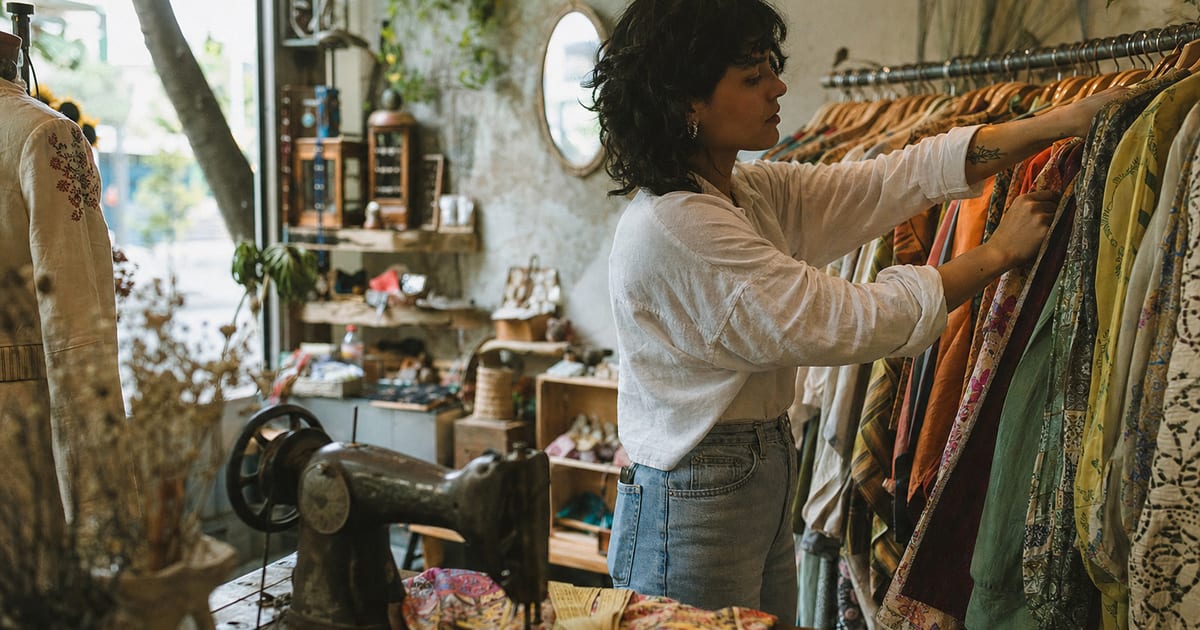 Una diseñadora de moda mexicana arregla ropa en su boutique, con una cinta métrica y una máquina de coser vintage en primer plano.