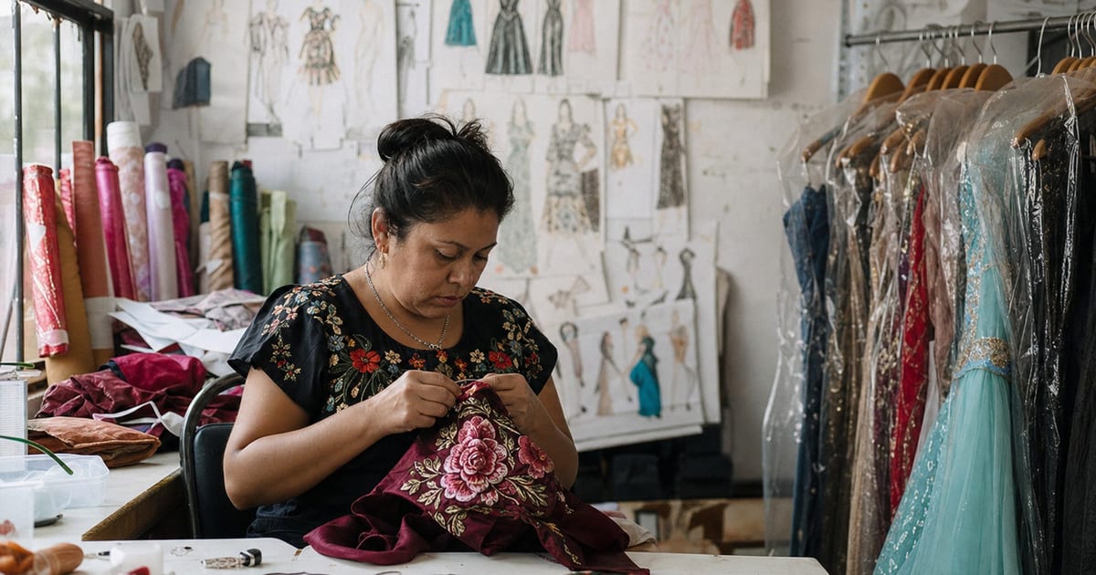 Una costurera mexicana trabajando en un taller de ropa, con un vestido bordado y un perchero con prendas en bolsas.