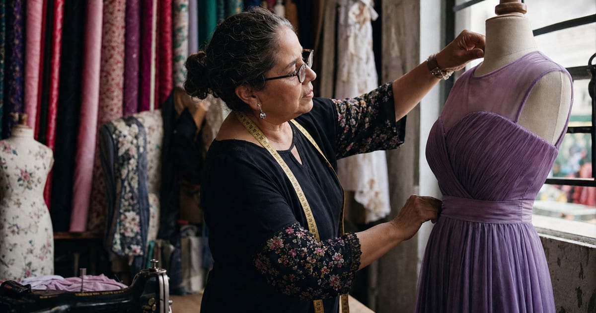 Una costurera ajusta un vestido en un maniquí dentro de un taller de costura mexicano, con telas y una máquina de coser de fondo.