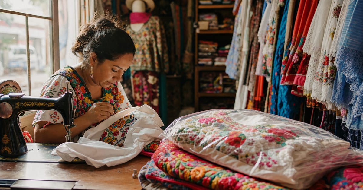Una costurera mexicana cose a mano una blusa bordada en una boutique de ropa, con telas coloridas y prendas dobladas alrededor.