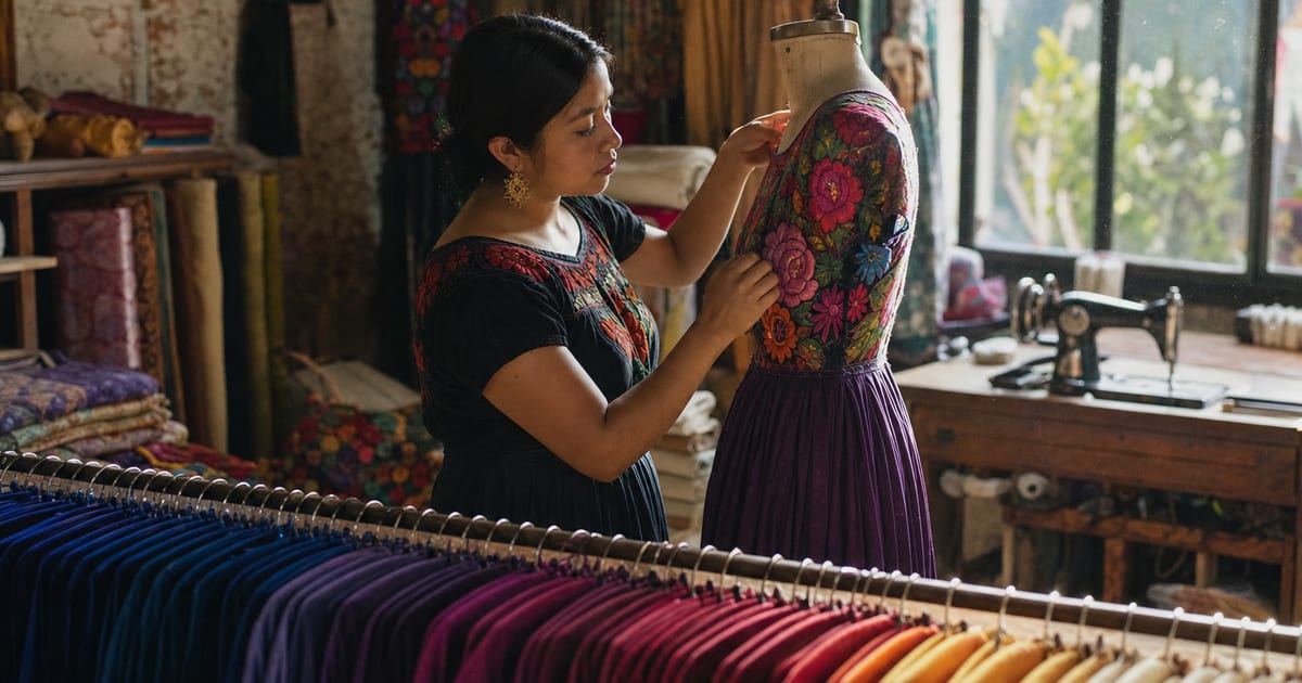 Una costurera ajusta un vestido bordado en un maniquí dentro de una boutique de ropa mexicana, con muestras de tela y una máquina de coser en el fondo.