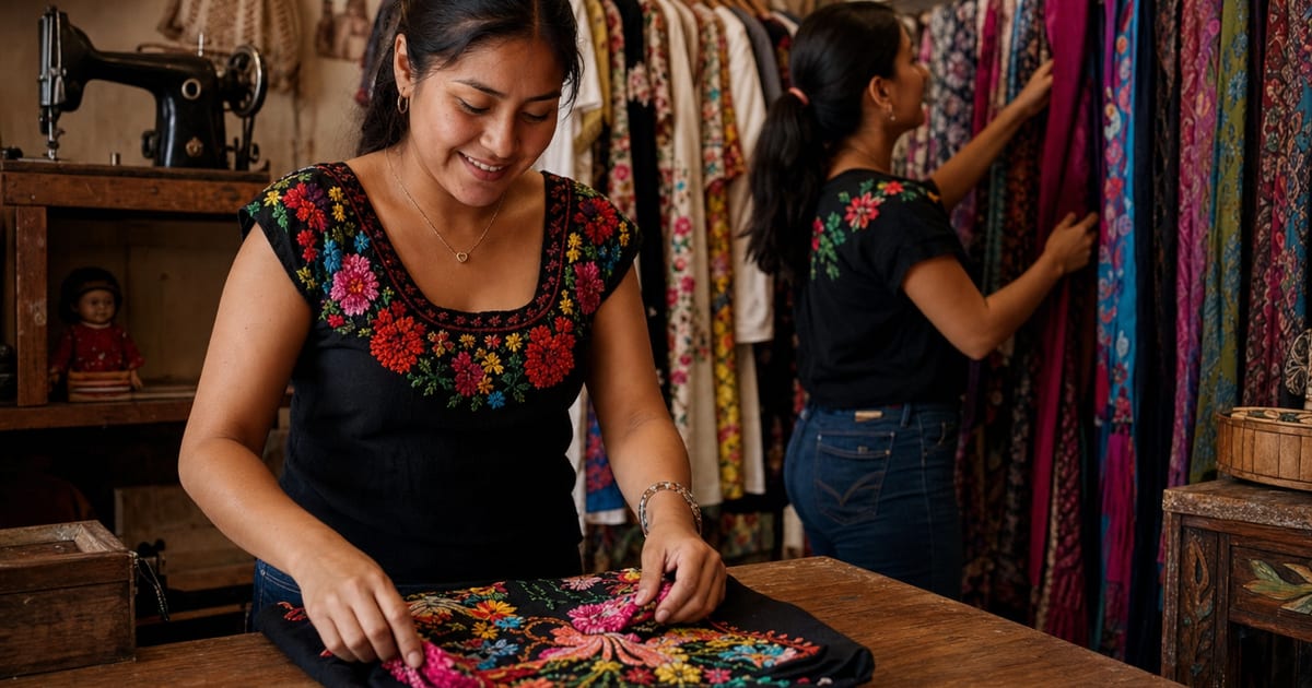 Una empleada de tienda de ropa doblando un vestido bordado en un mostrador de madera, con otra empleada ajustando un exhibidor de mascadas al fondo.