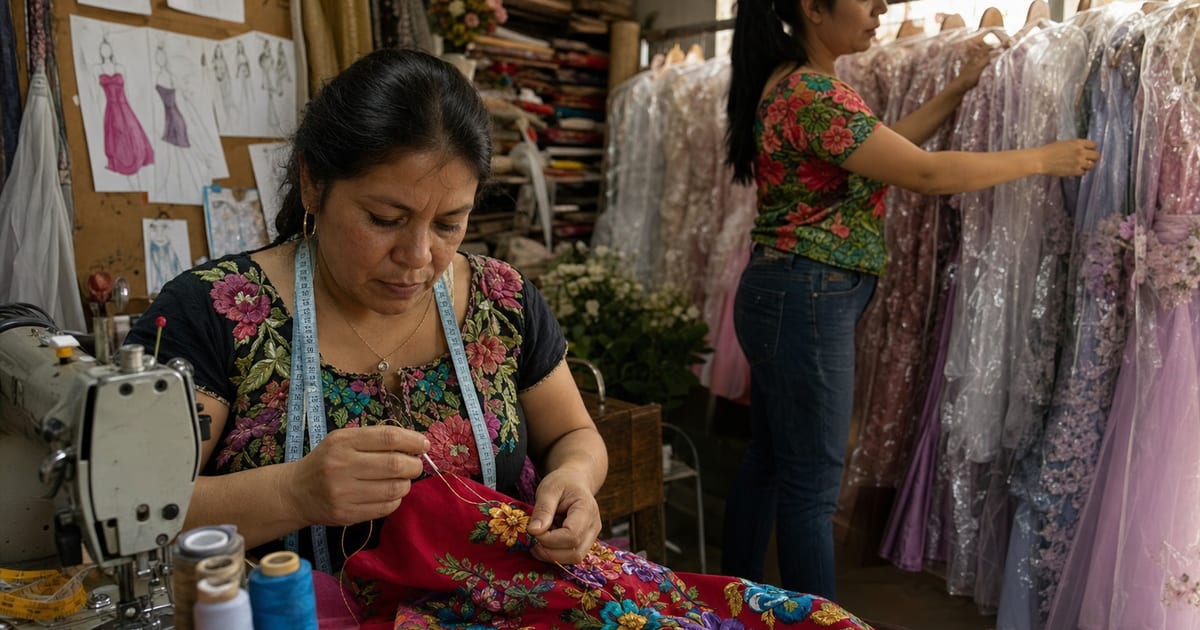 Una artesana mexicana cose a mano un vestido bordado mientras otra persona organiza vestidos en bolsas de ropa en un taller de costura.