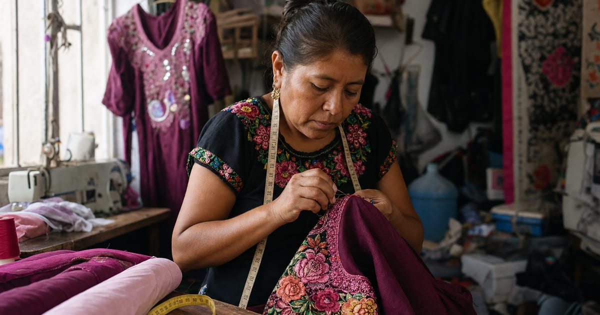 Una costurera mexicana trabajando en un vestido bordado en un taller de ropa, con una cinta métrica y telas alrededor.