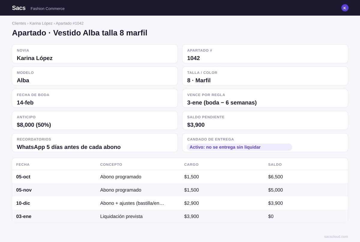 Pantalla del Apartado #1042 de Karina L. con calendario de abonos, vencimiento boda menos 6 semanas y recordatorios de WhatsApp.