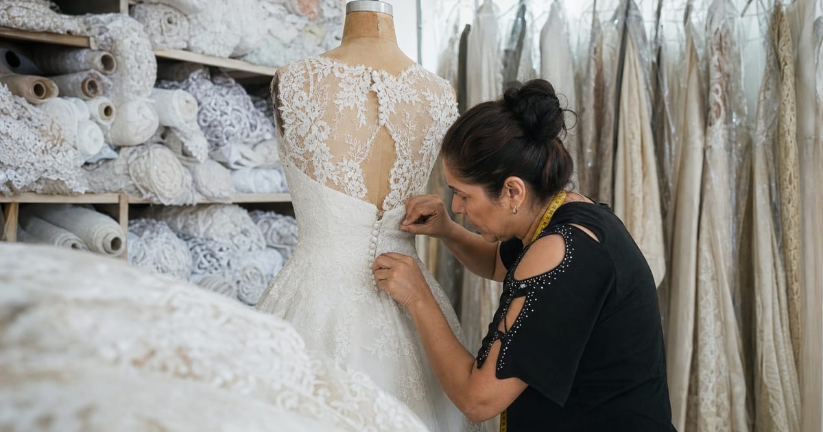 Una costurera ajusta un vestido de novia en un maniquí dentro de una boutique, con rollos de tela y vestidos en bolsas al fondo.
